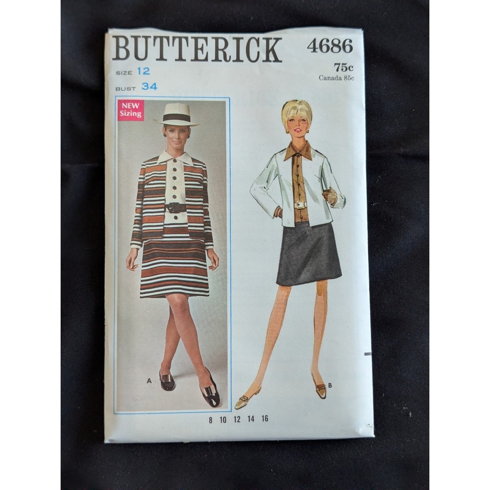 VTG 1968 Butterick 4686 Uncut Mod Dress & Jacket Pattern Size 12 Bust 34